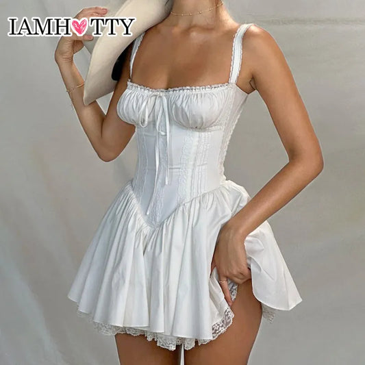 IAMHOTTY High-quality Lace Panel A-line Dress White Coquette Party Holiday Sleeveless Mini Corset Dresses Elegant Sweet Robe New