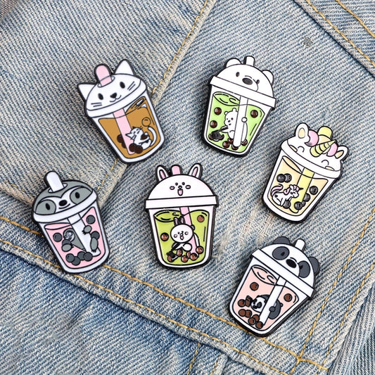 Cute Bubble Tea Enamel Pins Cartoon Milk Tea Brooch With Animals Panda Cats Unicorn Badge for Kids Jacket Backpack Jewelry Gifts