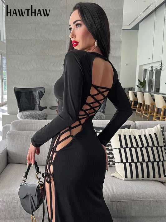 Hawthaw Women Sexy Long Sleeve Hollow Out Party Club Bodycon Black Split Long Dress 2022 Spring Autumn Clothes Wholesale Items