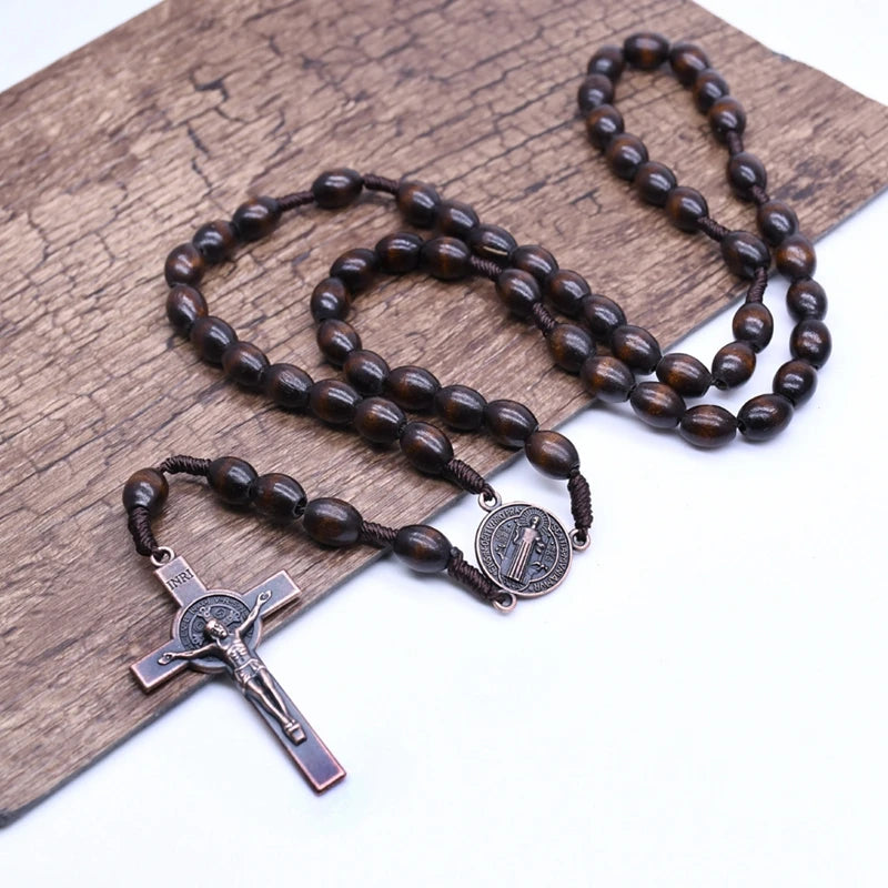 QIGO Rosary Necklace Vintage Jesus Cross Catholic Brown Wood Beads Prayer Religious Jewelry For Men Women