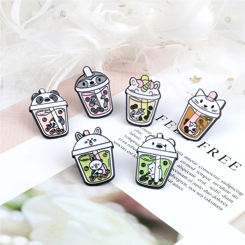 Cute Bubble Tea Enamel Pins Cartoon Milk Tea Brooch With Animals Panda Cats Unicorn Badge for Kids Jacket Backpack Jewelry Gifts
