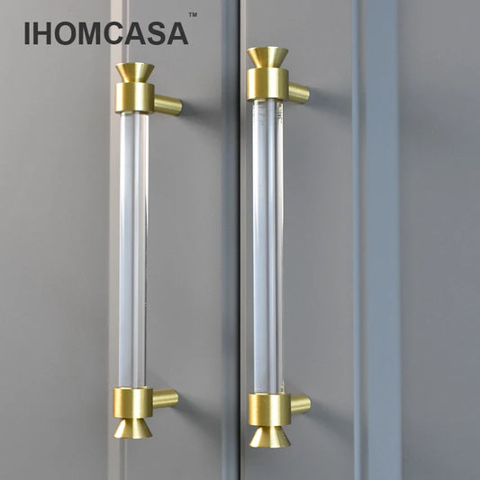 IHOMCASA  Gold Brass T-Bar Furniture Handles Bathroom Dresser Cupboard Drawer Door Knobs Kitchen Cabinet Pulls Acrylic Crystal