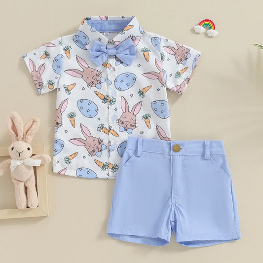 0-4Y Toddler Boys Easter Outfits Carrot Rabbit Print Bow Tie Short Sleeve Shirts Tops and Shorts Sets Kids Summer Clothes