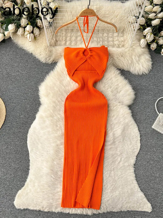 Ins Fashion Solid Knitted Women Dress 2023 Summer Halter Sleeveless Bodycon Dress Europe Style Ladies Office Dress