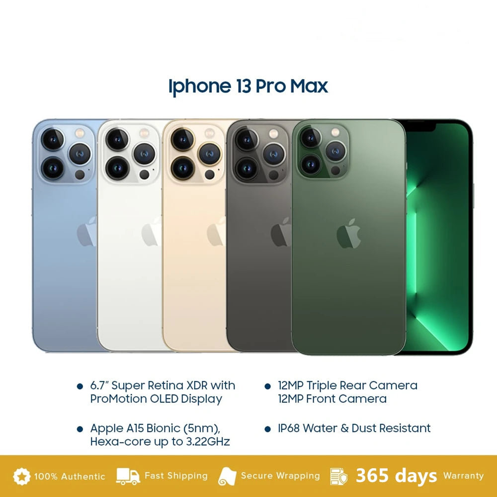 Used Apple iPhone 13 Pro Max 6GB RAM 128GB/256GB ROM Unlocked Cellphone 6.7" OLED A14 Bionic 12MP Camera Face ID 5G Mobile Phone