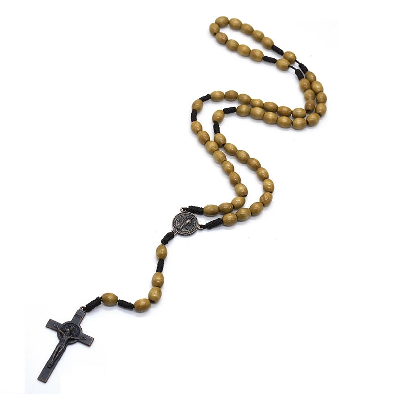 QIGO Rosary Necklace Vintage Jesus Cross Catholic Brown Wood Beads Prayer Religious Jewelry For Men Women